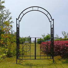Load image into Gallery viewer, OUTOUR Garden Arch with Gate, Garden Arbor Arbour Archway for Climbing Plants, Backyard Patio, Black
