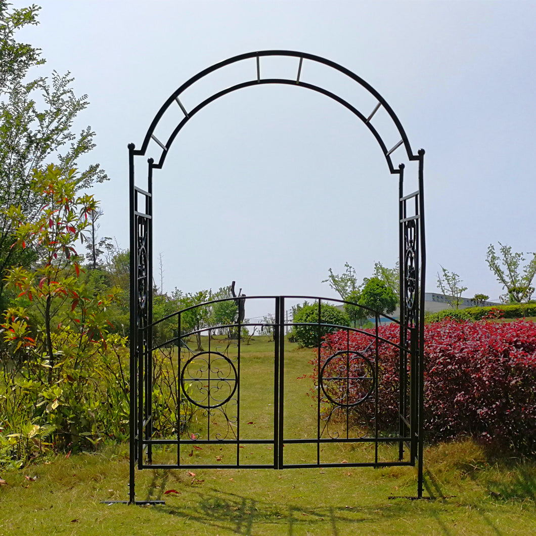 OUTOUR Garden Arch with Gate, Garden Arbor Arbour Archway for Climbing Plants, Backyard Patio, Black